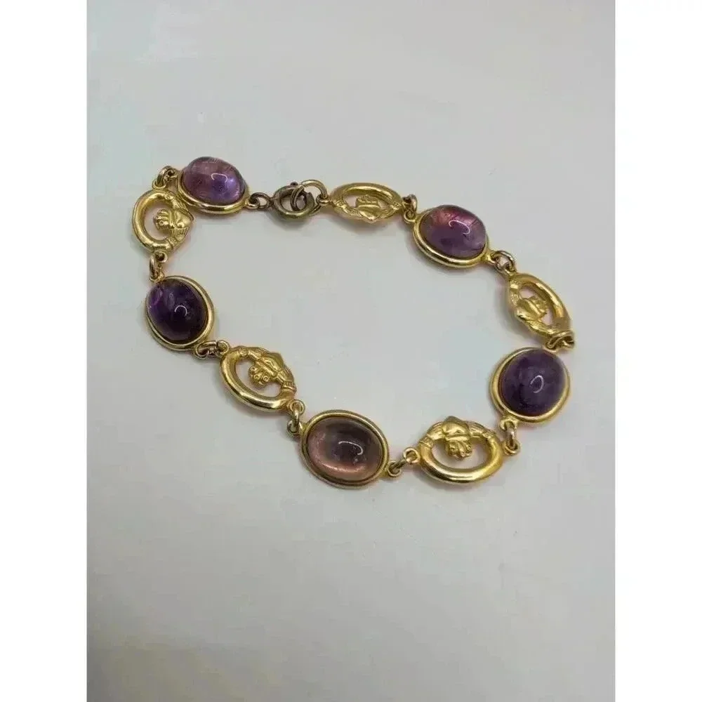 Vintage Inspired Amethyst Cabochon Gold Plated Link Bracelet Elegant & Timeless